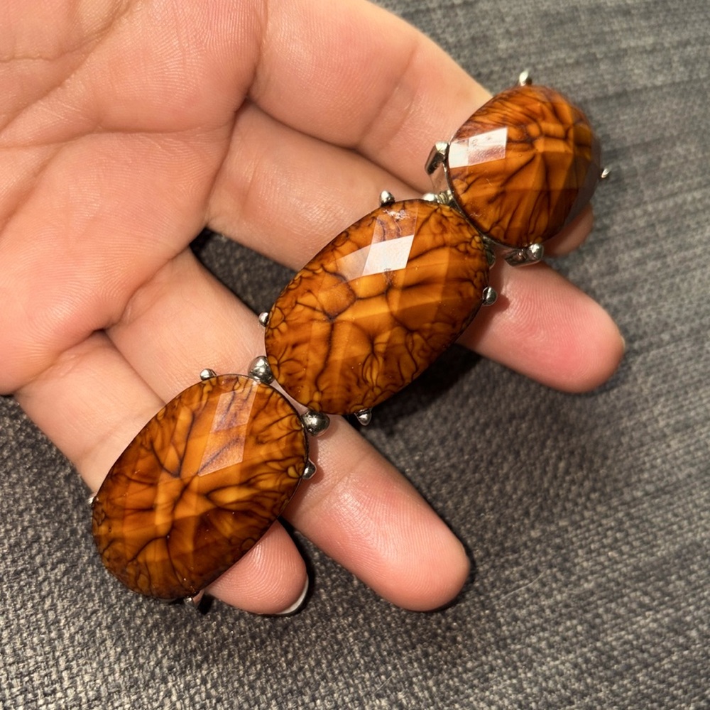 Pretty Jeweled Silvertone & Brown Beaded Chunky Statement Stretch Bracelet